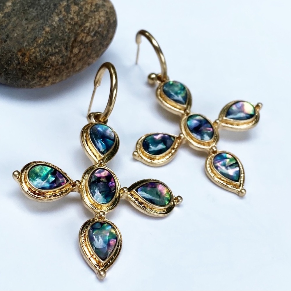 NEW Gold & Abalone Cross Dangle Drop Earrings